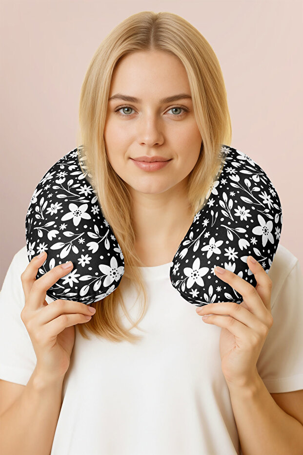 Black and White Floral Pattern Ergonomic Neck Pillow-Minimalist Kids & Adults Black Travel Pillow