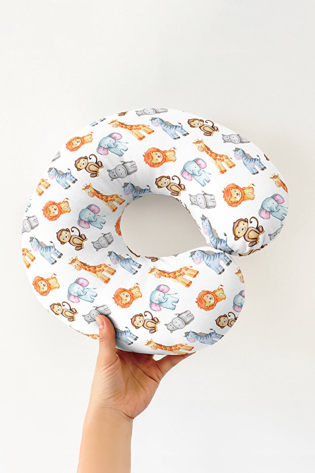 Animal Figured Cotton Neck Pillow - Colorful Travel Pillow with Cute Safari Pattern