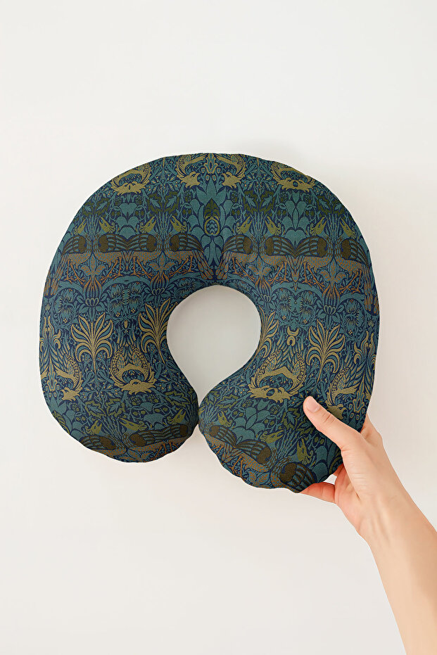 Natural Motif Ergonomic Neck Pillow - Classic Green Navy Blue Soft Travel Pillow
