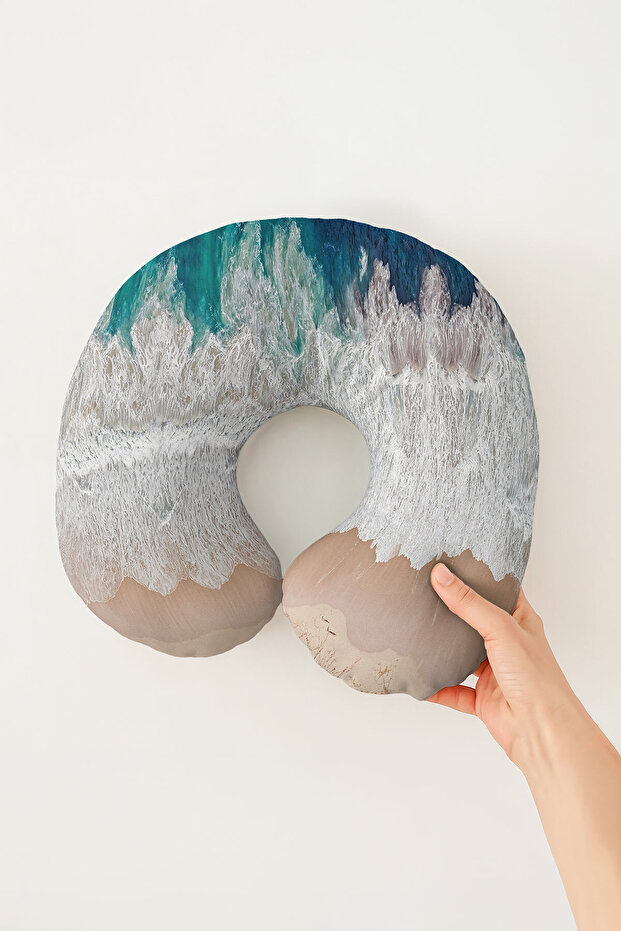 Sea Wave Landscape Ergonomic Neck Pillow - Natural Beach Themed Blue Beige Travel Pillow