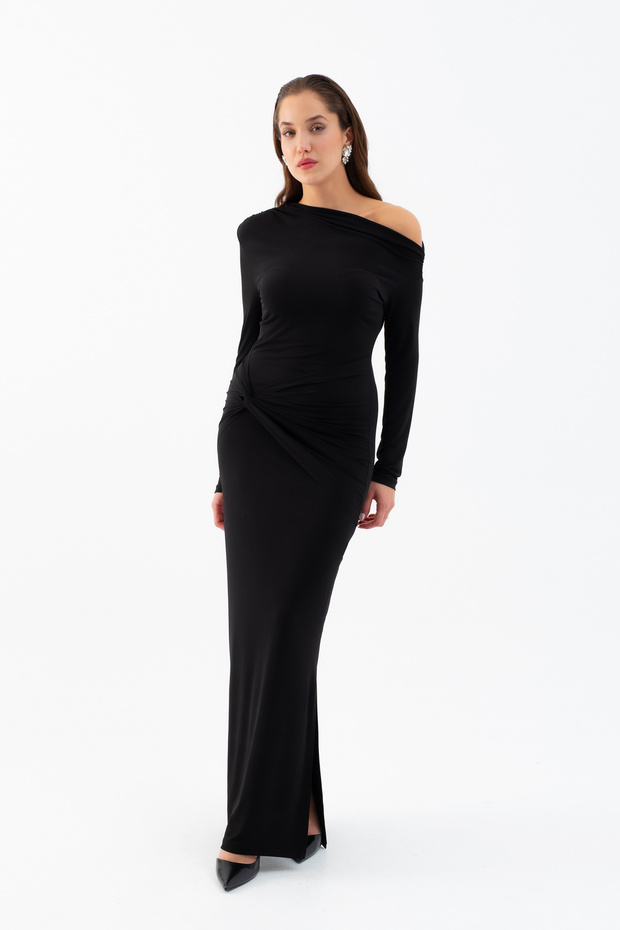 Women's Black Knot Detail Long Knitted Dress