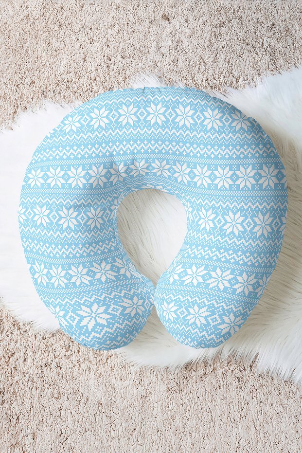 Winter Themed Snowflake Cotton Neck Pillow - Nordic Blue White Adult Travel Pillow