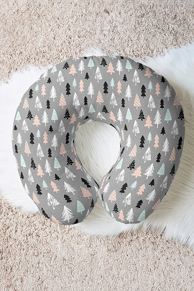 Pine Tree Patterned Cotton Neck Pillow - Pastel Gray Green Pink Kids & Adult Travel Pillow