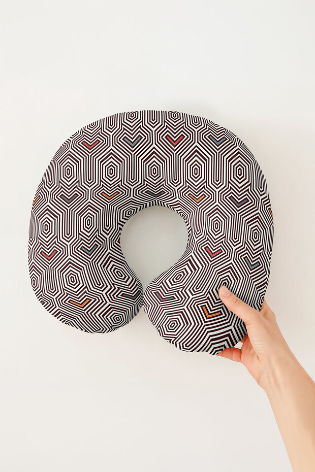 Geometric Brown Cotton Neck Pillow - Modern Hexagon Black White Travel Pillow