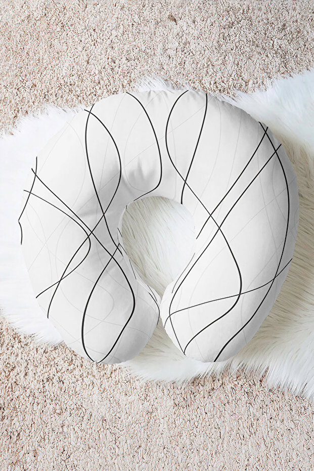 Minimal Striped Cotton Neck Pillow - Modern Black and White Adult Travel Pillow