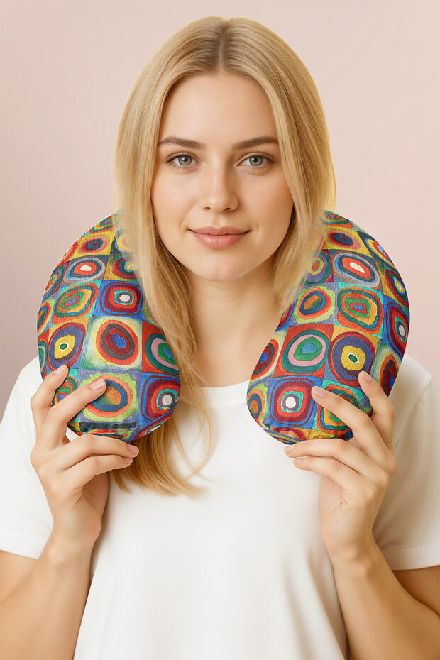 Colorful Geometric Pattern Neck Pillow - Artistic Circle Motif Multi-Colored Travel Pillow