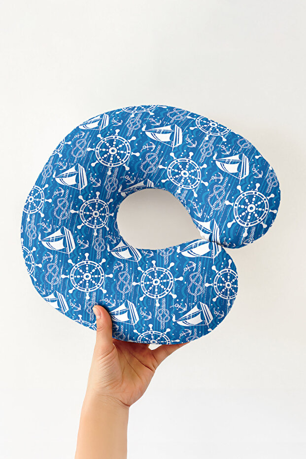 Sailor Themed Cotton Neck Pillow - Marine Pattern Blue White Adult Travel Pillow