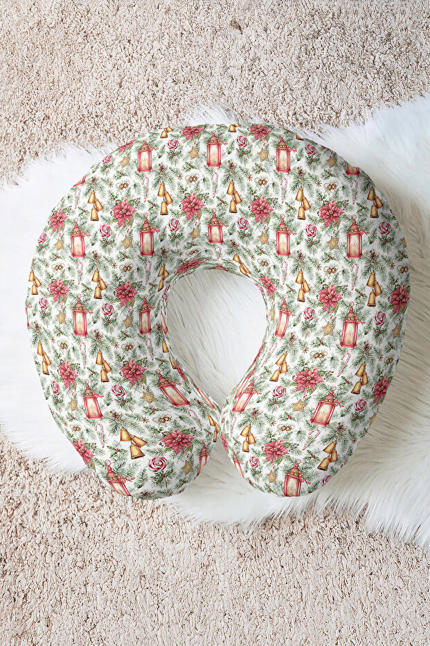 New Year Motif Neck Pillow - Pine Tree Red Green Adult Travel Pillow