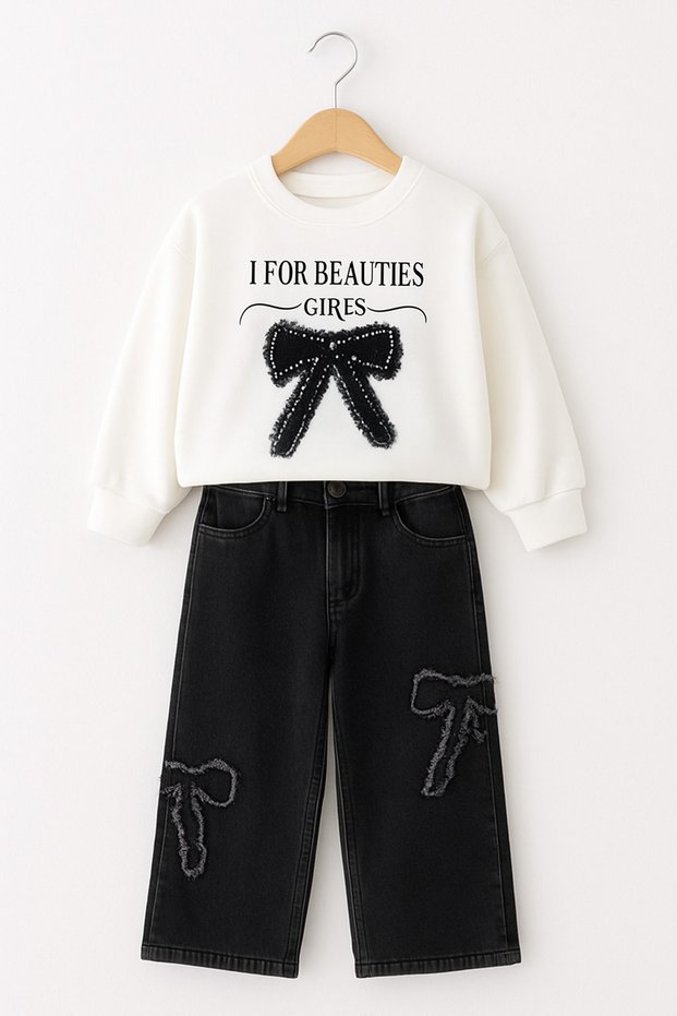 Girl's Sweatshirt and Jeans Set – Black Printed, with Bow 2624