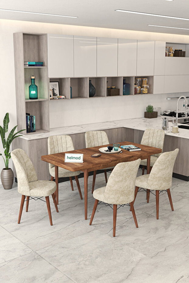 HELMOD 6 Kişilik Açılır Masa Sandalye Takımı Mutfak Masası Takımı Salon Masası Yemek Masası Takımı