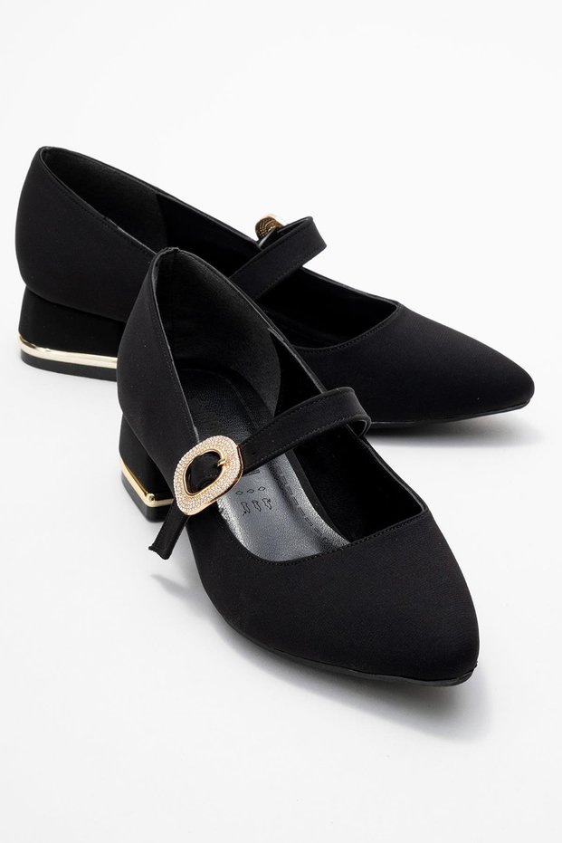 Women's Stone Buckle Heeled Shoes; Black Zra