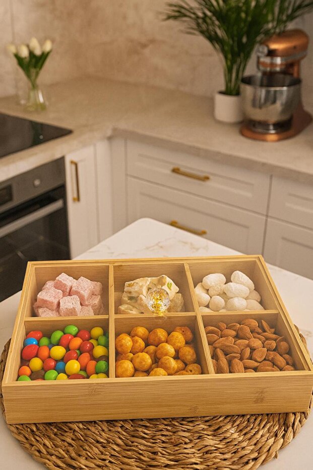 Bamboo Snack Bowl with Transparent Acrylic Lid - Presentation Bowl Storage Box - Kitchen Jewelry Organizer - 6 Compartments