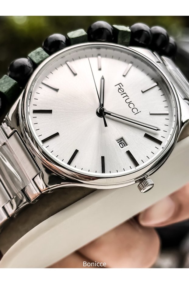 Men's Wristwatch, with Calendar, White Silver Steel Band, with Bracelet Gift