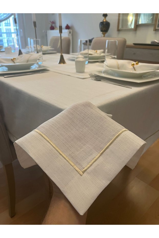 Gold Piko Detailed Off-White Carefree Tablecloth 8 Pieces