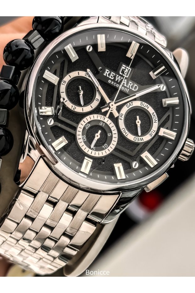 Men's Functional Wristwatch, Certified, Guaranteed, Black Silver Steel Band Bracelet