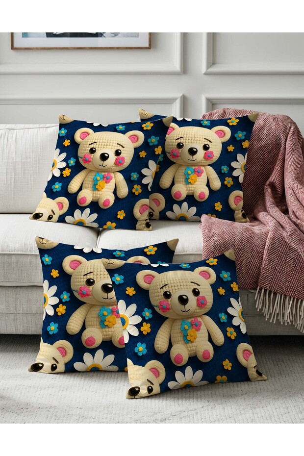 Navy Blue Cute Teddy Bear Children's Room Themed Digital Printed Decorative 4-Piece Throw Pillow Cover