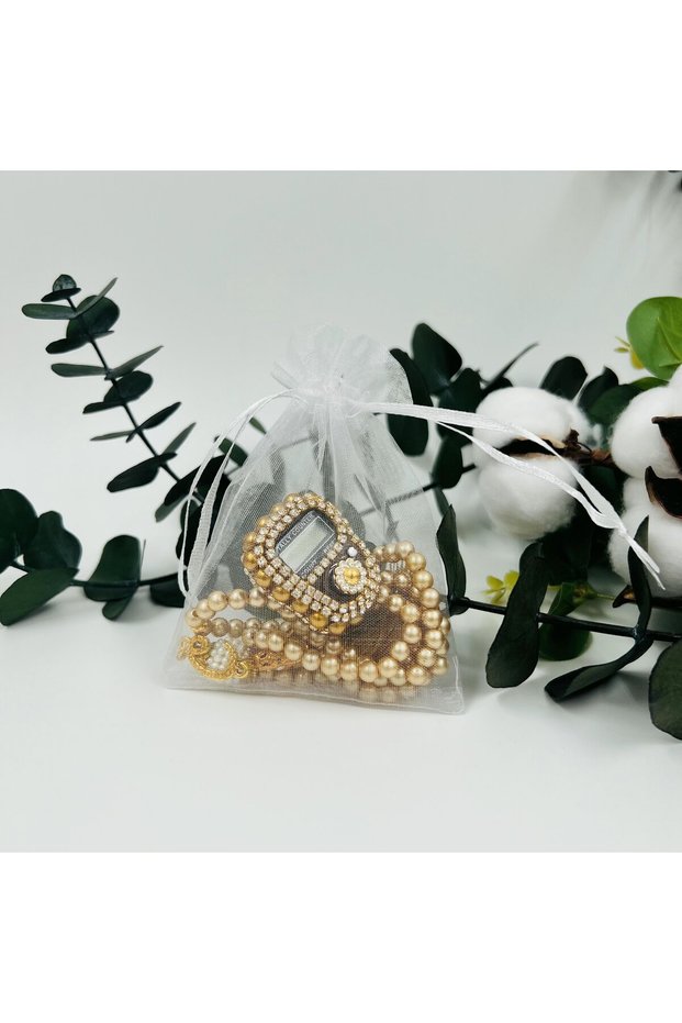 10 Gift Tulle Bags with Pearl Prayer Beads and Stone Zikirmatik (Mevlid-Hajj-Umrah-Circumcision)