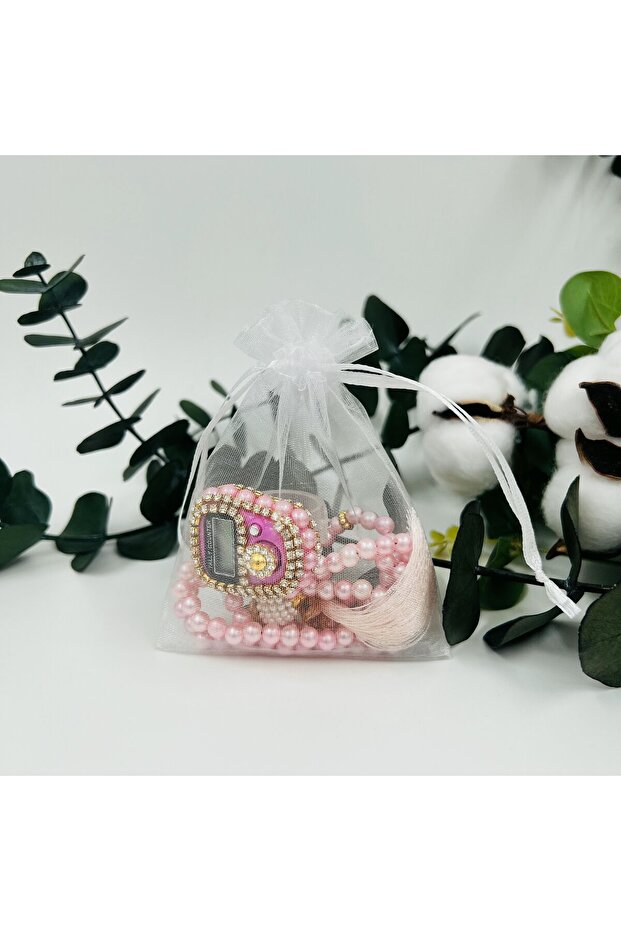 10 Gift Tulle Bags with Pearl Prayer Beads and Stone Zikirmatik (Mevlid-Hajj-Umrah-Circumcision)