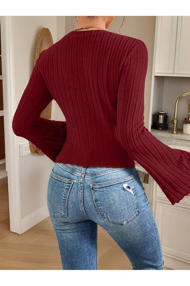 bordo fitilli örme kumaş ispanyol kol üst bluz - 2