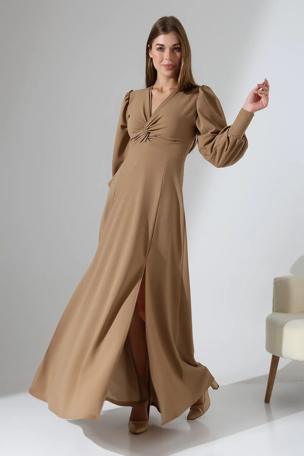 Kamel Rengi Krep Kumaş Önü Düğüm Uzun Kollu Çift Yırtmaçlı Elbise - 6