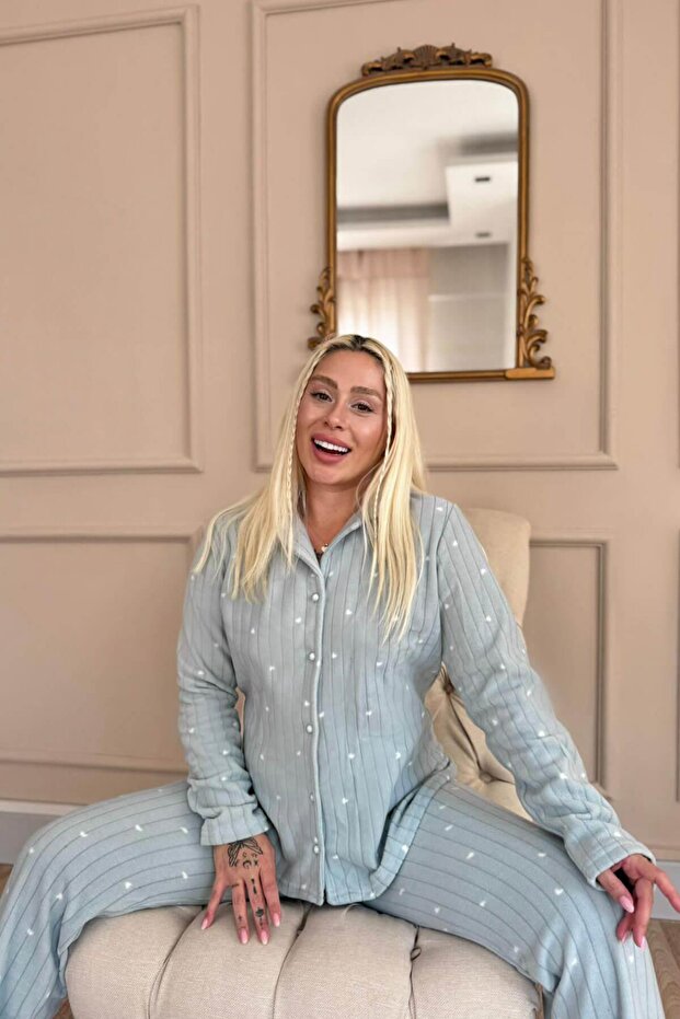 Mint Heart Patterned Front Buttoned Plush Fleece Pajama Set - 2