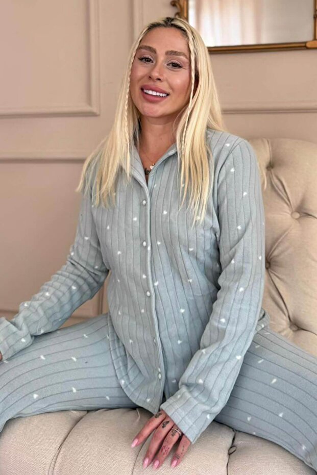Mint Heart Patterned Front Buttoned Plush Fleece Pajama Set - 1