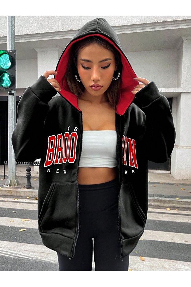 Unisex Black Color Zippered Red Brooklyn Printed 3 Thread Fleece Cardigan / Jacket