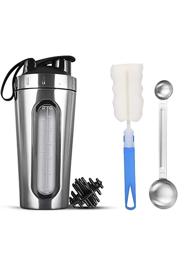 Protein Bottle Shaker, Stainless Steel Water Blender Cup with Brush, Ball & Spoon, Portable Metal Bo