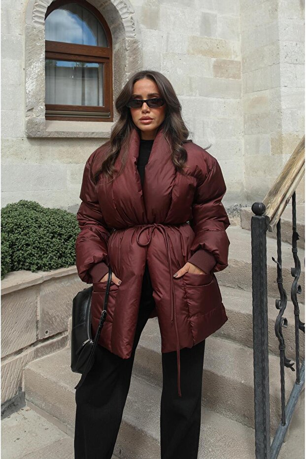 Plum Inflatable Coat with Front Tie Detail