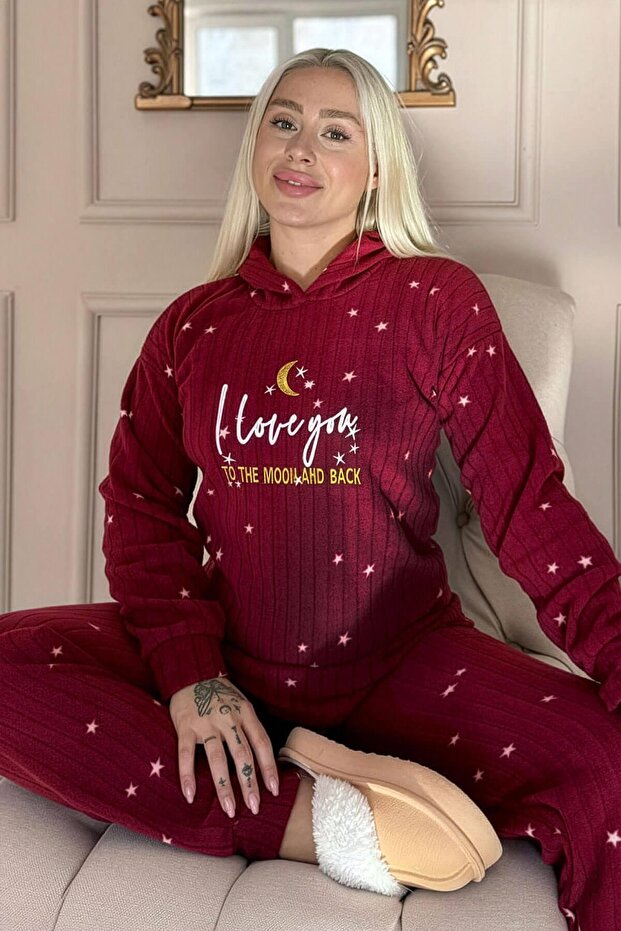Burgundy Love Moon Patterned Hooded Plush Fleece Pajama Set