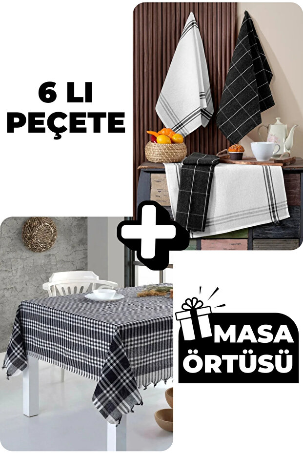 Tablecloth | Set of 6 Kitchen Towels & German Napkin 50X70 cm 100% Cotton Washed Large Checked