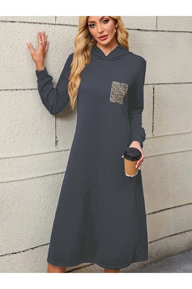 Women's Long Sleeve Hooded Pocket Detailed Viscose Two Thread Maxi Dress