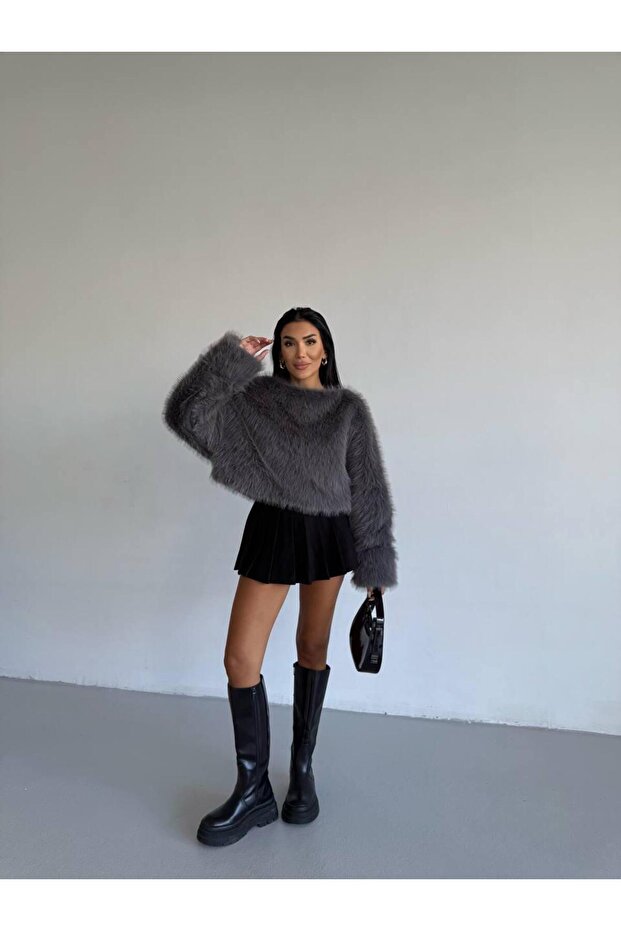 Women's Gray Crew Neck Fur Sweater