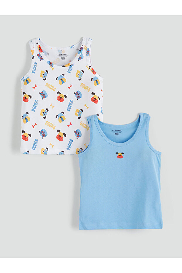 White Printed Cotton Boys' Singlet 2-Piece
