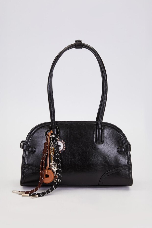 Black Long Strap Shoulder Bag with Charm Detail