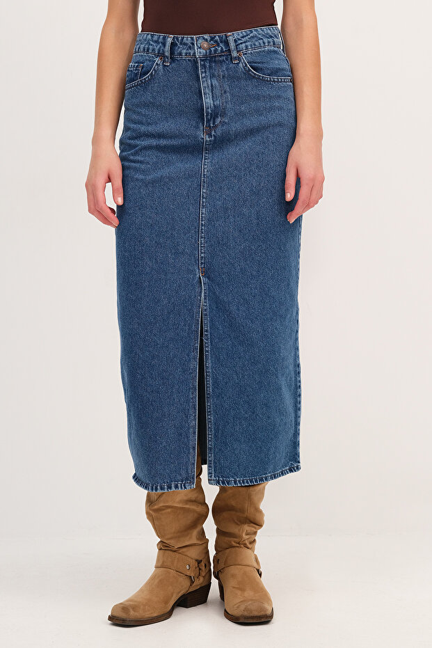 Yırtmaçlı Denim Midi Etek E249 - 2