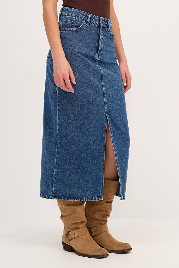 Yırtmaçlı Denim Midi Etek E249 - 6