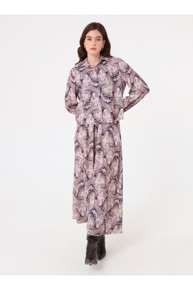 طقم قميص وتنورة منقوشة - أسود - منقوش باللون الوردي - - 1