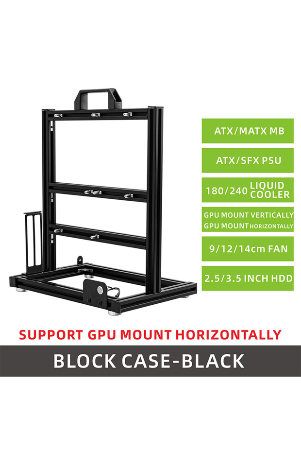 علبة BlockCase Black METALFISH من الألومنيوم ذات الإطار المفتوح تدعم حامل وحدة معالجة الرسومات (GPU) للوحة الرئيسية ATX/M-ATX H