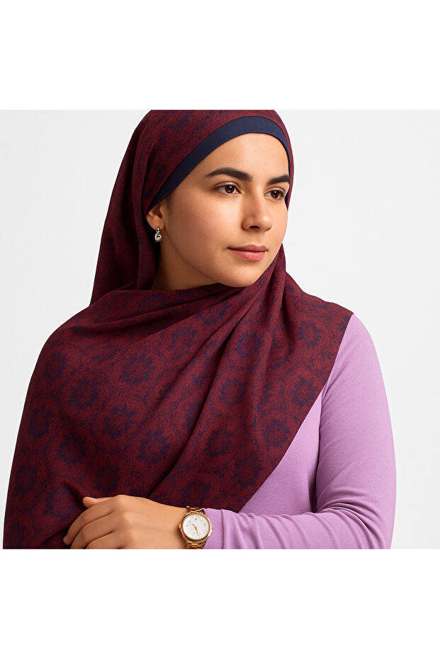 شال منقوش بنمط إبرو باللون الأحمر الداكن - 2