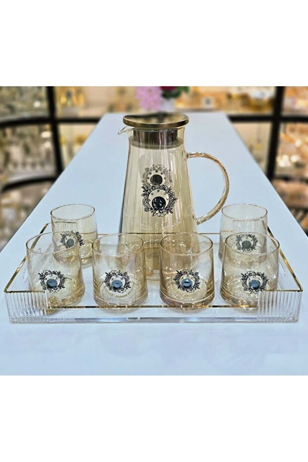 Damanhoor Luxury Glass Jug Set With 6 Glasses And Acrylic Tray