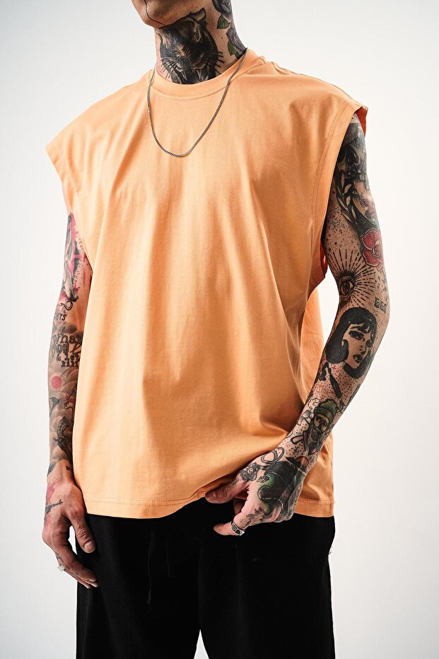 Ανδρικό μπλουζάκι Basic Zero Sleeve Oversize Ροδακινί - 4