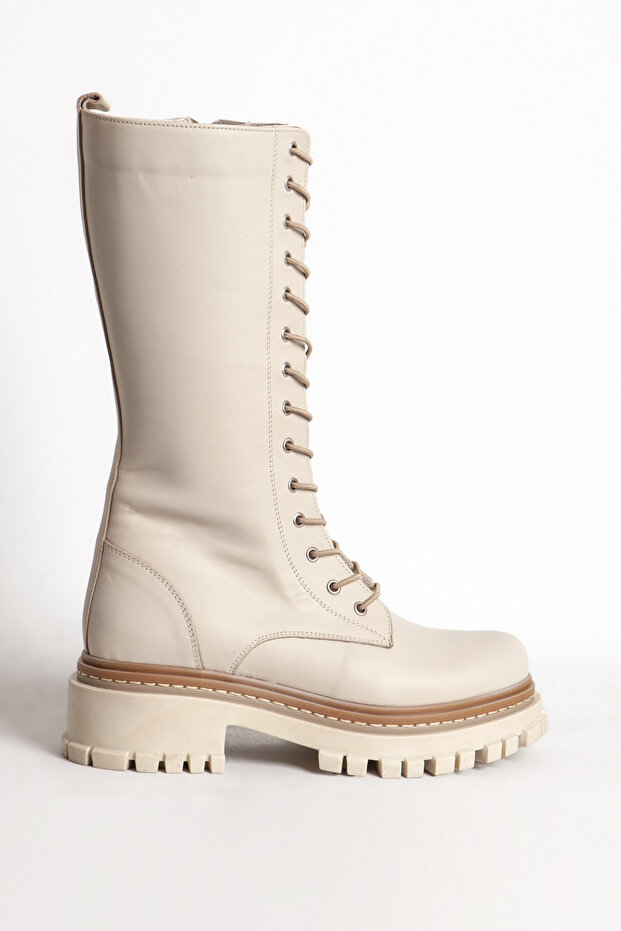Women's Zippered Lace-Up Casual Boots Genuine Leather Br 88046 Beige
