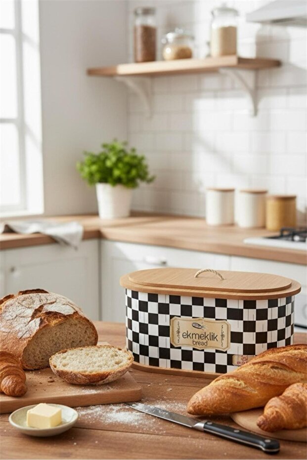 Checkerboard Patterned Wooden Bread Box - Checkerboard Patterned Bread Box - 1