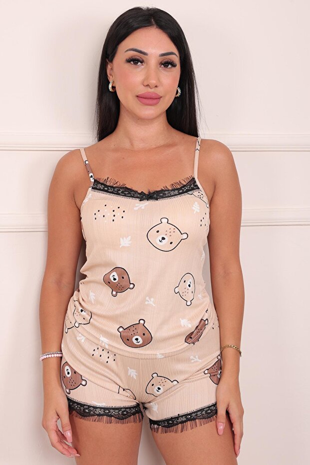 Women's Teddy Bear Patterned Shorts Pegasus Pajama Set Beige