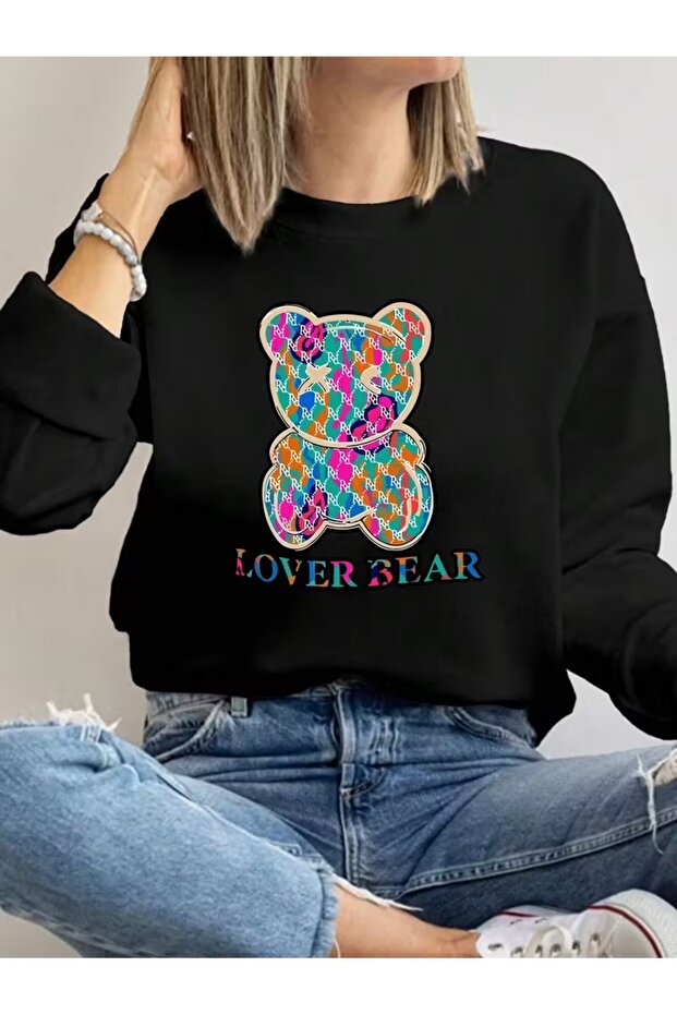 Women's Lover Bear Printed Crew Neck Gray Black Sweatshirt Oversize Loose