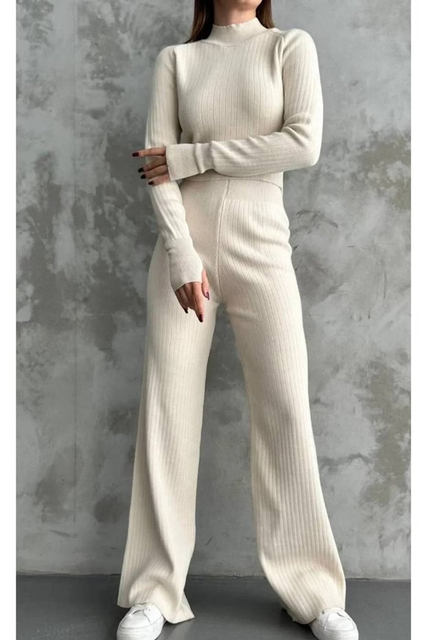 Women's Turtleneck Crop Top and Wide Leg Pants Two Piece Set Hyn-58069