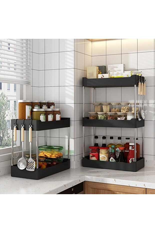 3-tier black 1Pc Kitchen Storage Rack Multi-Functional Countertop Seasoning Storage Rack Household