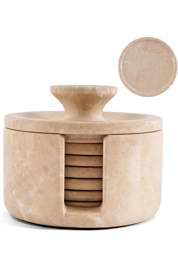 Marble Coasters Set with Holder 3.5" Verona – 6 Round Stone Drink Coasters for Table & Kitchen