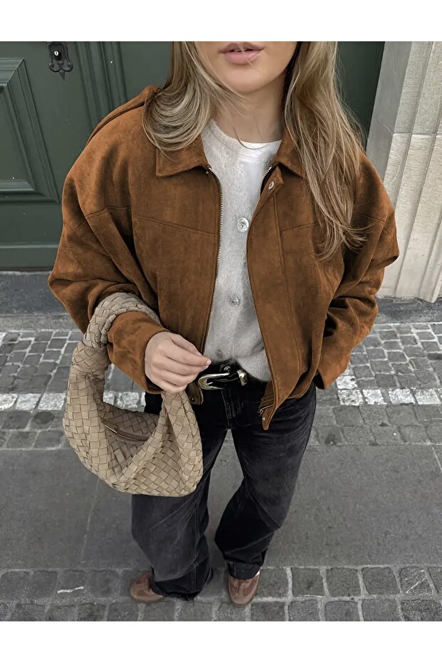 سترة بومبر كبيرة الحجم من الجلد السويدي - 2